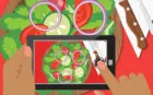 An illustration of a smartphone taking a photo of a salad