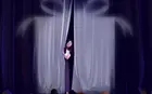 Illustration of person peeking out of a curtain with a gift silhouette on it