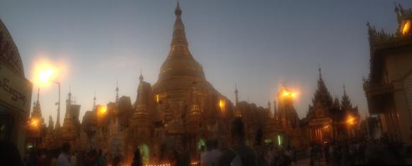 The truly awesome Shwedagon Pagoda in downtown Rangoon, and our first sunset in Burma.