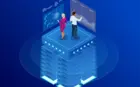 An illustration of two people standing on top of a stack of computers using AI tools