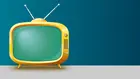 vintage yellow tv on blue background with green screen and antennae