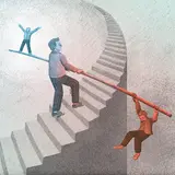 An illustration of someone walking up the stairs balancing positive and negative thoughts