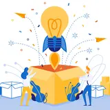 illustration of light bulb rocket ship taking off out of a box 