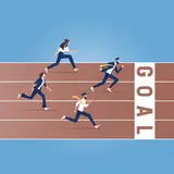 illustration of four people in business wear running towards GOAL finish line