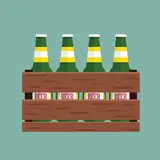 green beer bottles in wooden beer holder 
