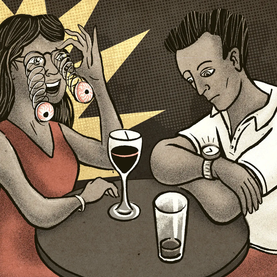 Man and woman in bar, woman has glasses with popping eyeballs