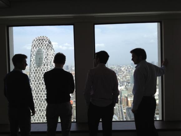 A view from the conference room of the Keio Plaza Hotel on Tokyo, Day 1. From left to right, that's Michael, Peter, Rafael, and Pedro (all '14)
