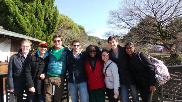 Our group (or Benetton ad?) in Kyoto. From left, Peter, Dennis, Pedro, Guy, Nike, Katie, Rafael, and Maya, all ’14. Missing here are Nathalie and Dan, both ’14. Photo by some random stranger.