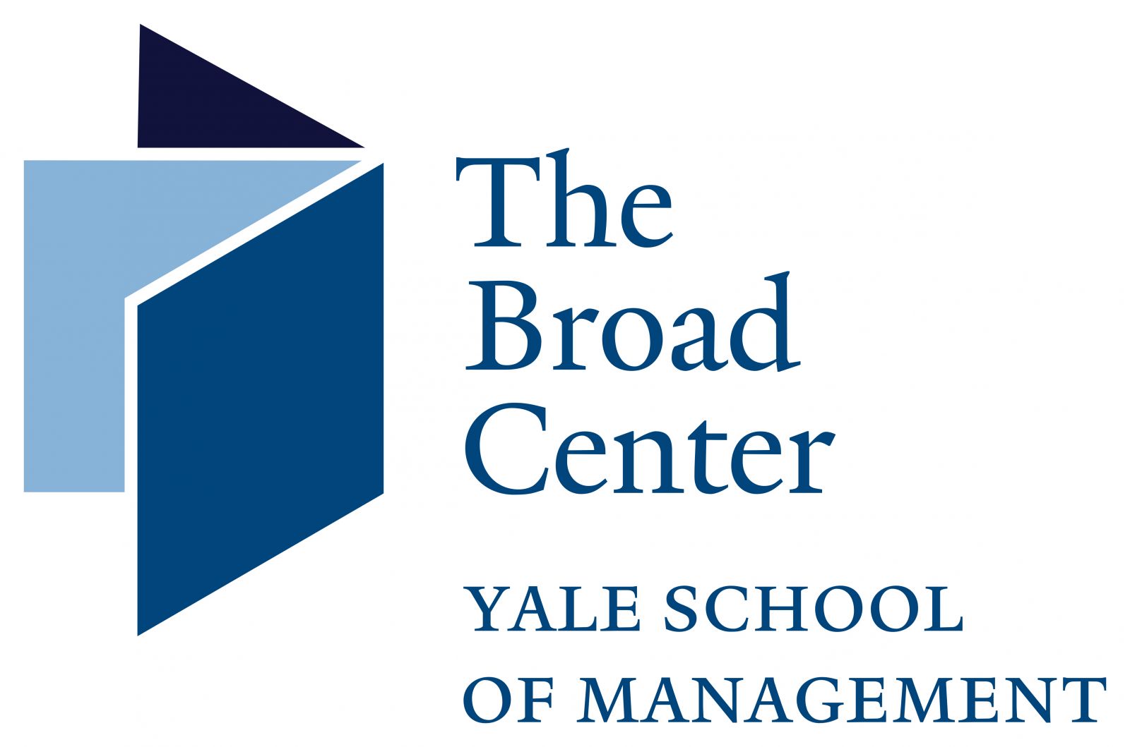 Logo for The Broad Center at Yale School of Management with open book on left-hand side with three pages and three shades of blue