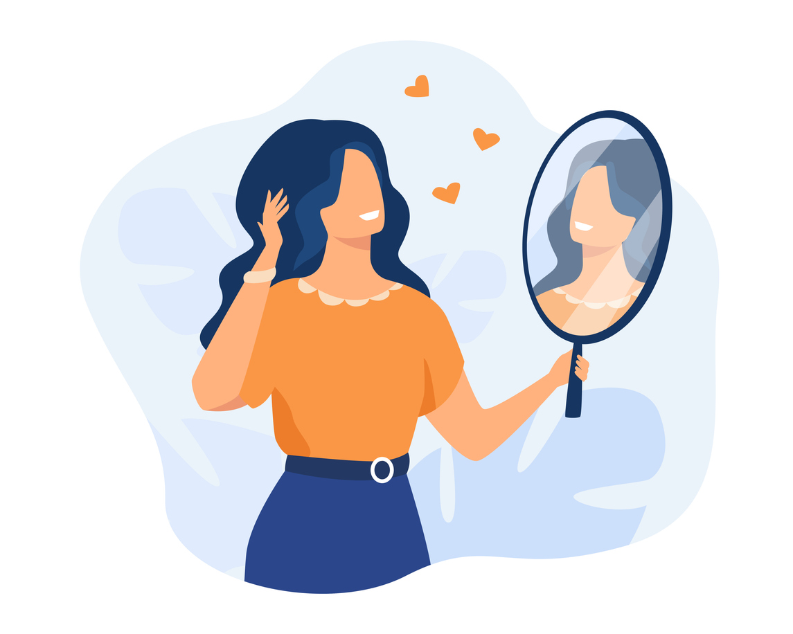 illustration of women looking at herself in handheld mirror