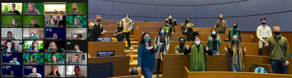 A screenshot of a Zoom class and students dressed in green in a classroom