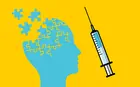 An illustration of a puzzle in the shape of a head and a syringe