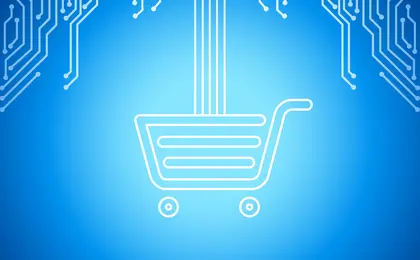 a graphic visual of a shopping cart with a large amount of abstract representations of data going into it representing purchasing data storage in volumes