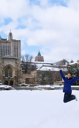 Fang Liu enjoying her first snow at Yale University