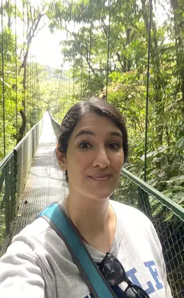 Roshni Walia on a hanging bridge in Costa Rica