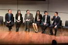 Fudan University student finalists in the 2015 Geithner Challenge, an international data visualization competition organized by the CRDT, discuss their experience on stage with CRDT Director Jaan Elias.