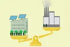 A graphic of a polluting factory and a solar-powered faculty on a scale