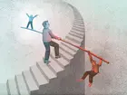An illustration of someone walking up the stairs balancing positive and negative thoughts