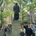 Richard Bird and family in front of Abraham Pierson statue