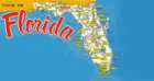 Retro postcard with a map of Florida and the word "Florida" in script