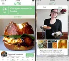 Two screenshots of the Umi Kitchen app, one showing a sandwich on a prezel bun, one of a woman with pigtails and glasses holding two plates of food