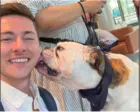 A selfie of a person with a bulldog licking their face