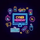 neon computer that says cyber monday on a black background surrounded by neon decals that are representative of online shopping