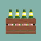 green beer bottles in wooden beer holder 