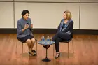 Indra Nooyi speaking with Prof. Amy Wrzesniewski at Yale SOM in 2016. 