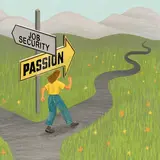 An illustration of a woman following a "passion" sign