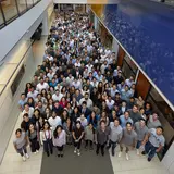 The Yale SOM MBA Class of 2026 photographed inside Evans Hall from above